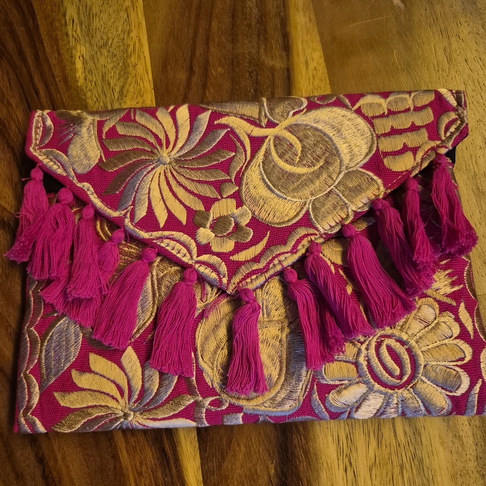 Floral Embroidered Clutch with Tassels - Pink and Gold